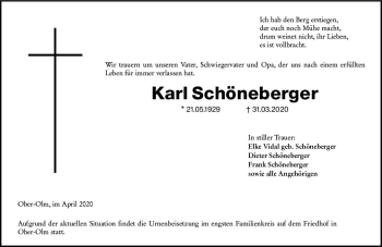 Traueranzeige von Karl Schöneberger von vrm-trauer
