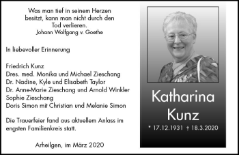 Traueranzeige von Katharina Kunz von vrm-trauer