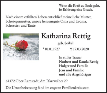 Traueranzeige von Katharina Rettig von vrm-trauer