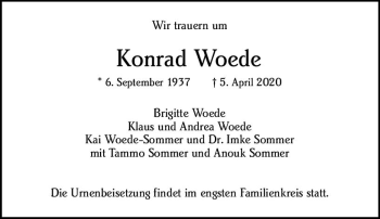 Traueranzeige von Konrad Woede von vrm-trauer