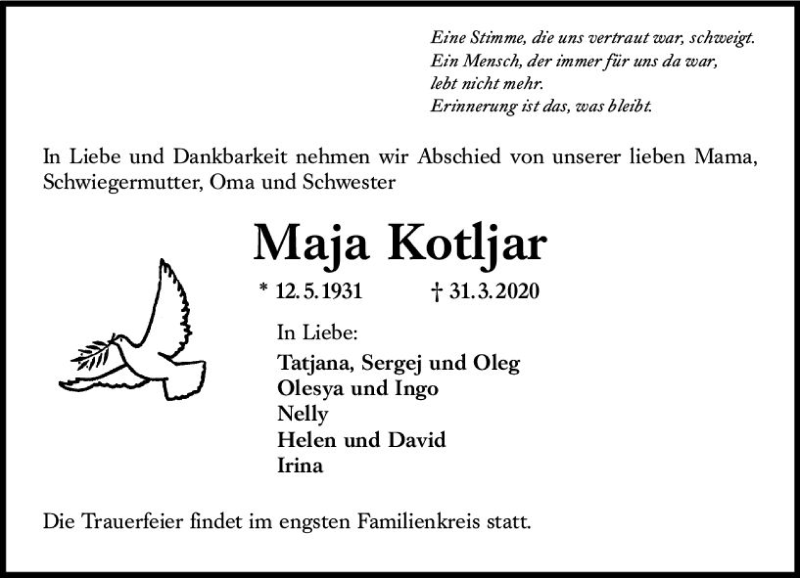  Traueranzeige für Maja Kotljar vom 04.04.2020 aus vrm-trauer