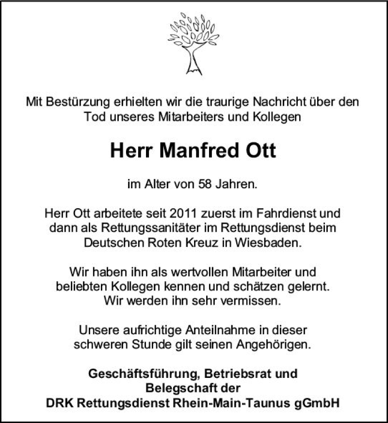  Traueranzeige für Manfred Ott vom 18.04.2020 aus vrm-trauer