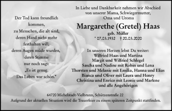 Traueranzeige von Margarete Haas von vrm-trauer