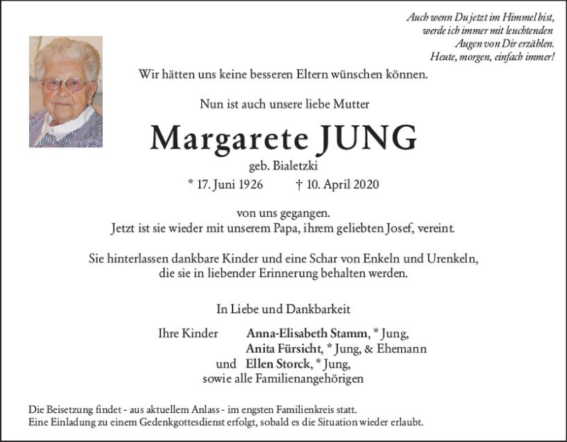 Traueranzeige für Margarete Jung vom 16.04.2020 aus vrm-trauer