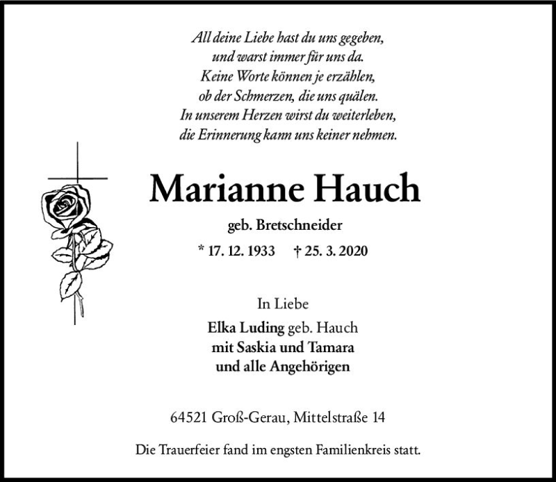  Traueranzeige für Marianne Hauch vom 04.04.2020 aus vrm-trauer
