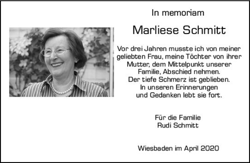  Traueranzeige für Marliese Schmitt vom 20.04.2020 aus vrm-trauer