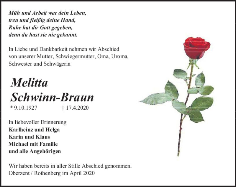  Traueranzeige für Melitta Schwinn-Braun vom 25.04.2020 aus vrm-trauer