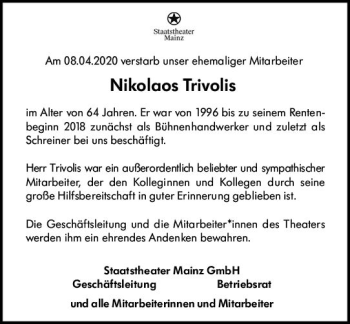 Traueranzeige von Nikolaos Trivolis von vrm-trauer