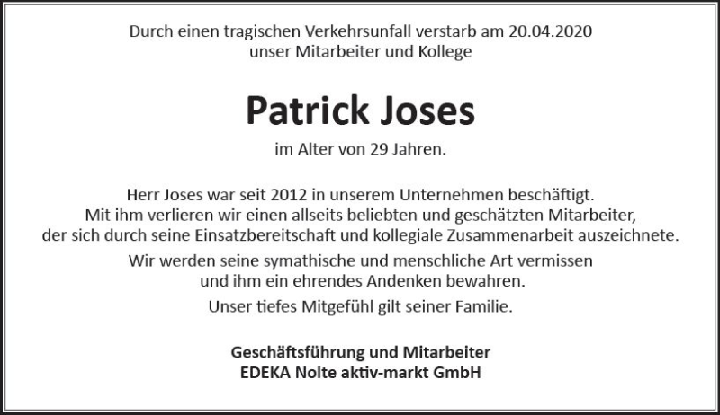  Traueranzeige für Patrick Joses vom 25.04.2020 aus vrm-trauer
