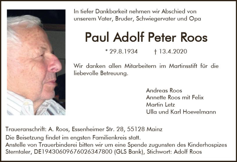  Traueranzeige für Paul Adolf Peter Roos vom 18.04.2020 aus vrm-trauer