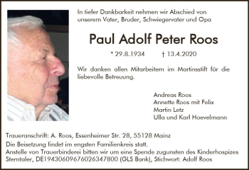 Traueranzeige von Paul Adolf Peter Roos von vrm-trauer