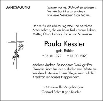 Traueranzeige von Paula Kessler von vrm-trauer
