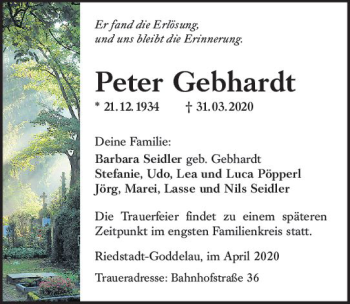 Traueranzeige von Peter Gebhardt von vrm-trauer