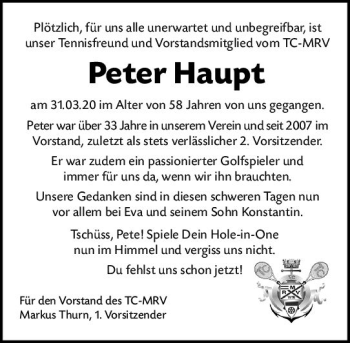 Traueranzeige von Peter Haupt von vrm-trauer