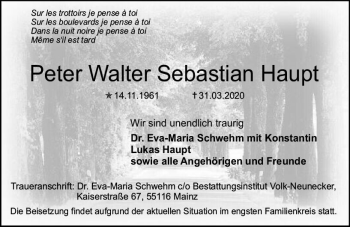 Traueranzeige von Peter Walter Sebastian Haupt von vrm-trauer