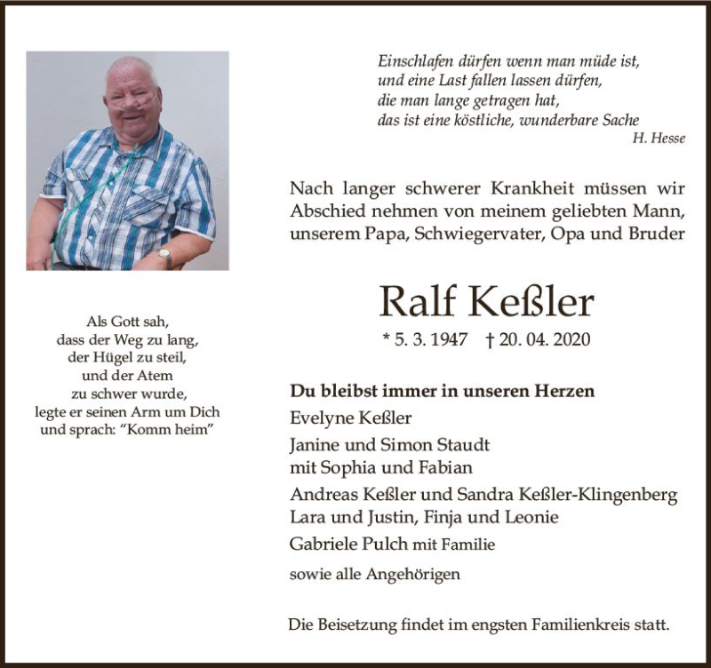  Traueranzeige für Ralf Keßler vom 25.04.2020 aus vrm-trauer