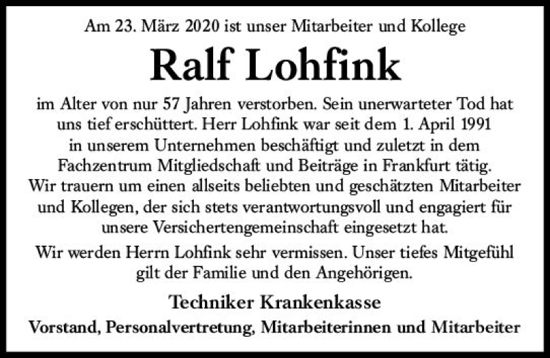  Traueranzeige für Ralf Lohfink vom 04.04.2020 aus vrm-trauer