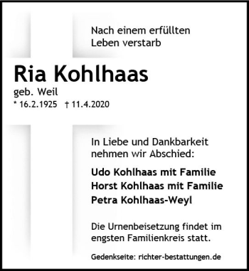 Traueranzeige von Ria Kohlhaas von vrm-trauer