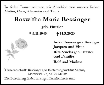 Traueranzeige von Roswitha Maria Bessinger von vrm-trauer