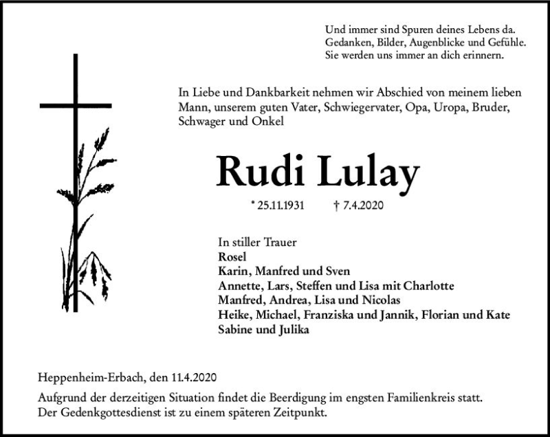  Traueranzeige für Rudi Lulay vom 11.04.2020 aus vrm-trauer