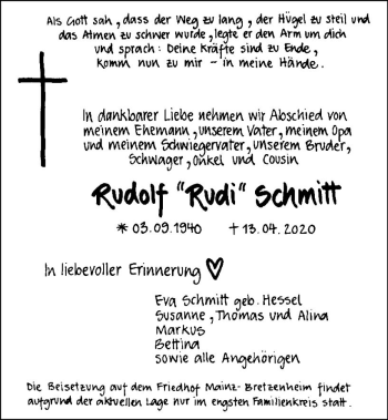 Traueranzeige von Rudolf Schmitt von vrm-trauer