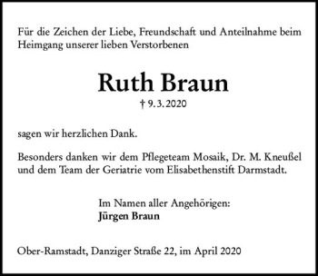 Traueranzeige von Ruth Braun von vrm-trauer