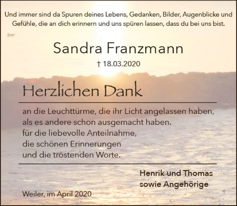  Traueranzeige für Sandra Franzmann vom 29.04.2020 aus vrm-trauer