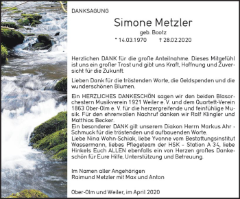 Traueranzeige von Simone Metzler von vrm-trauer