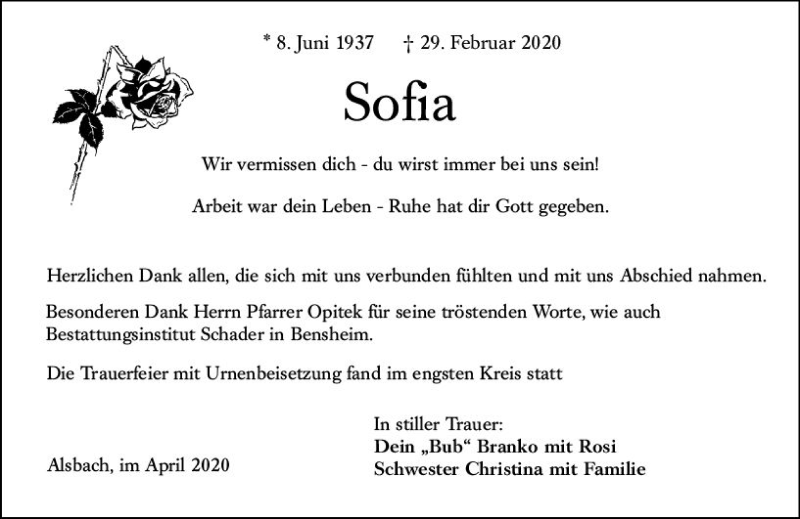  Traueranzeige für Sofia  vom 04.04.2020 aus vrm-trauer