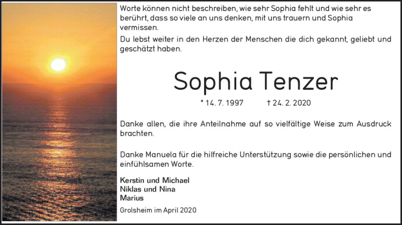  Traueranzeige für Sophia Tenzer vom 15.04.2020 aus vrm-trauer