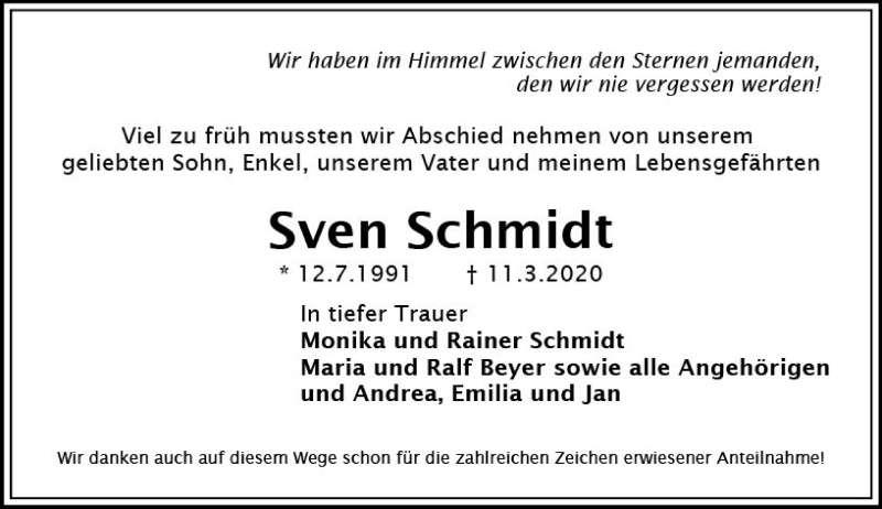  Traueranzeige für Sven Schmidt vom 28.03.2020 aus vrm-trauer