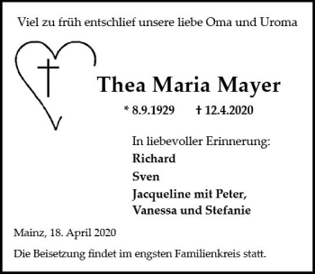 Traueranzeige von Thea Maria Mayer von vrm-trauer