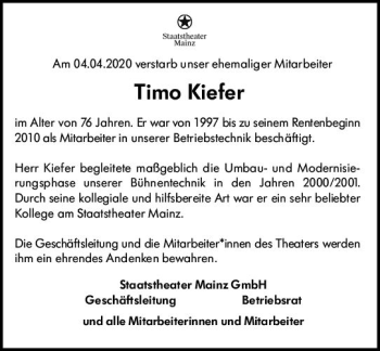 Traueranzeige von Timo Kiefer von vrm-trauer