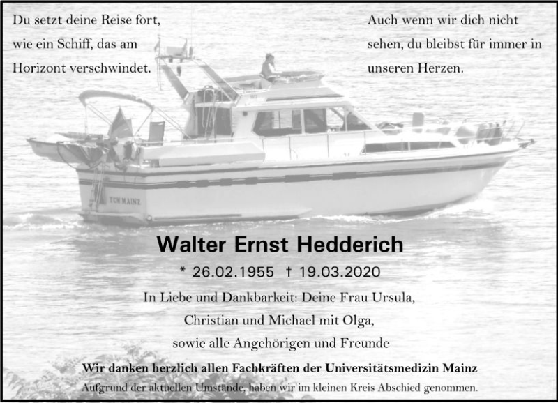  Traueranzeige für Walter Hedderich vom 24.04.2020 aus vrm-trauer