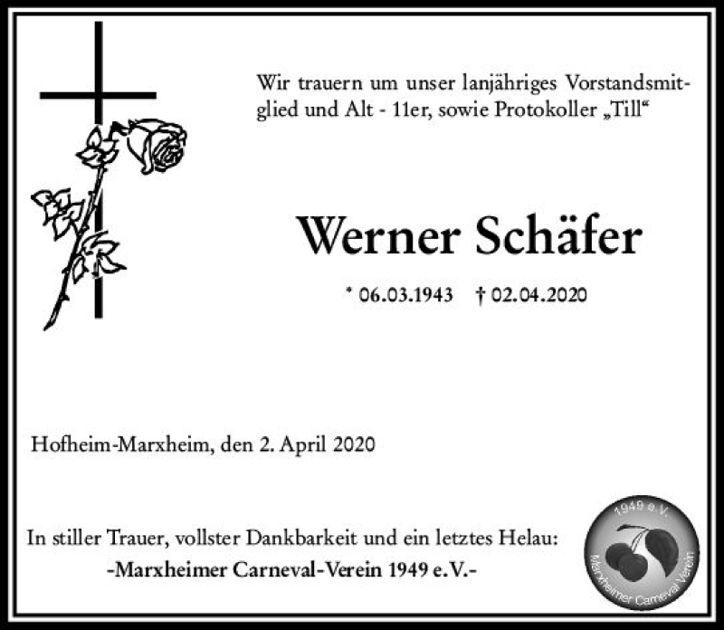  Traueranzeige für Werner Schäfer vom 07.04.2020 aus vrm-trauer