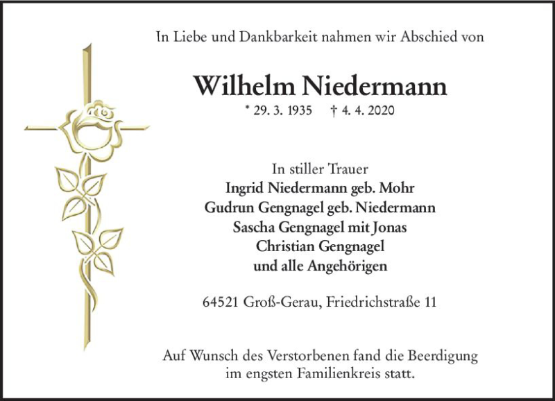  Traueranzeige für Wilhelm Niedermann vom 18.04.2020 aus vrm-trauer