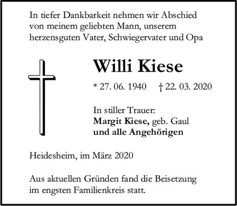  Traueranzeige für Willi Kiese vom 28.03.2020 aus vrm-trauer