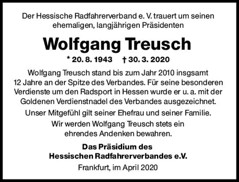  Traueranzeige für Wolfgang Treusch vom 07.04.2020 aus vrm-trauer