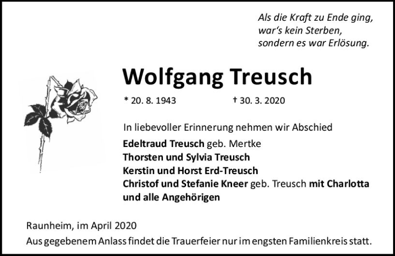  Traueranzeige für Wolfgang Treusch vom 04.04.2020 aus vrm-trauer
