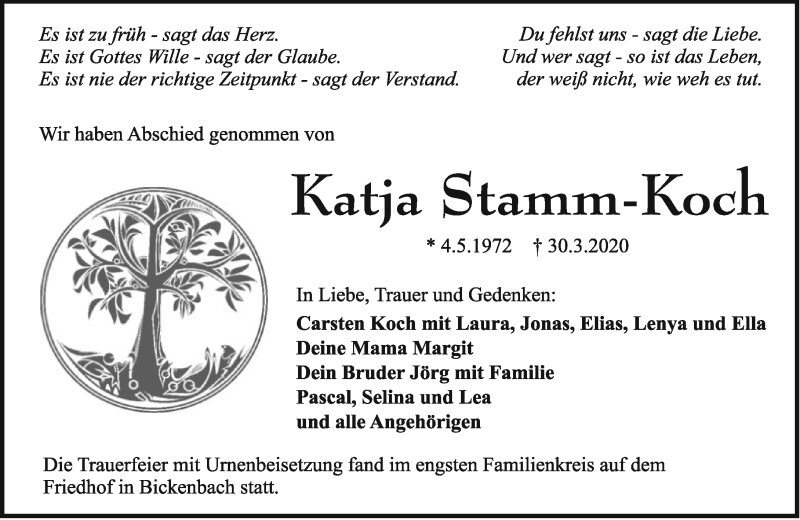  Traueranzeige für Katja Stamm-Koch vom 25.04.2020 aus 