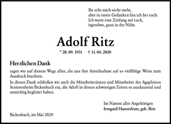 Traueranzeige von Adolf Ritz von vrm-trauer