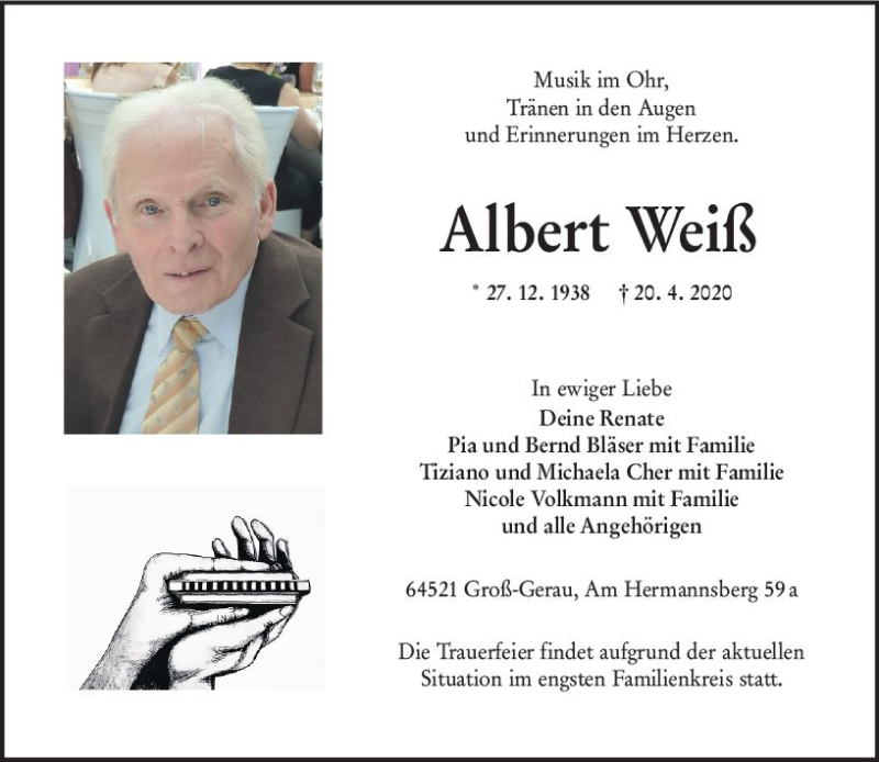  Traueranzeige für Albert Weiß vom 02.05.2020 aus vrm-trauer