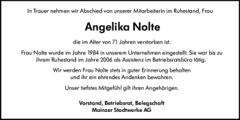 Traueranzeige von Angelika Nolte von vrm-trauer
