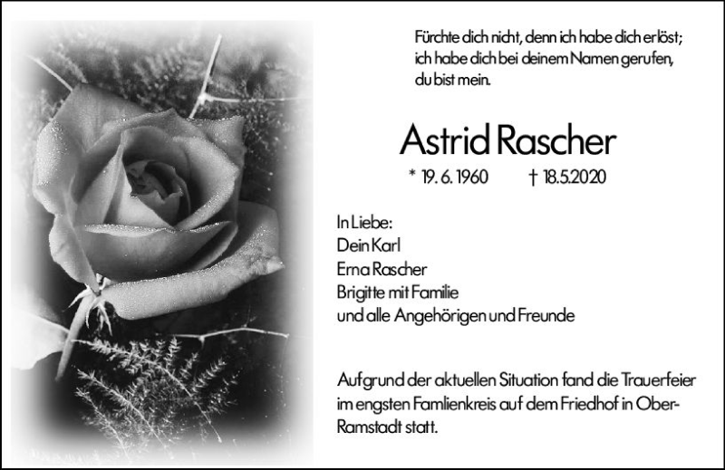  Traueranzeige für Astrid Rascher vom 23.05.2020 aus vrm-trauer
