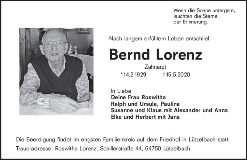  Traueranzeige für Bernd Lorenz vom 23.05.2020 aus vrm-trauer