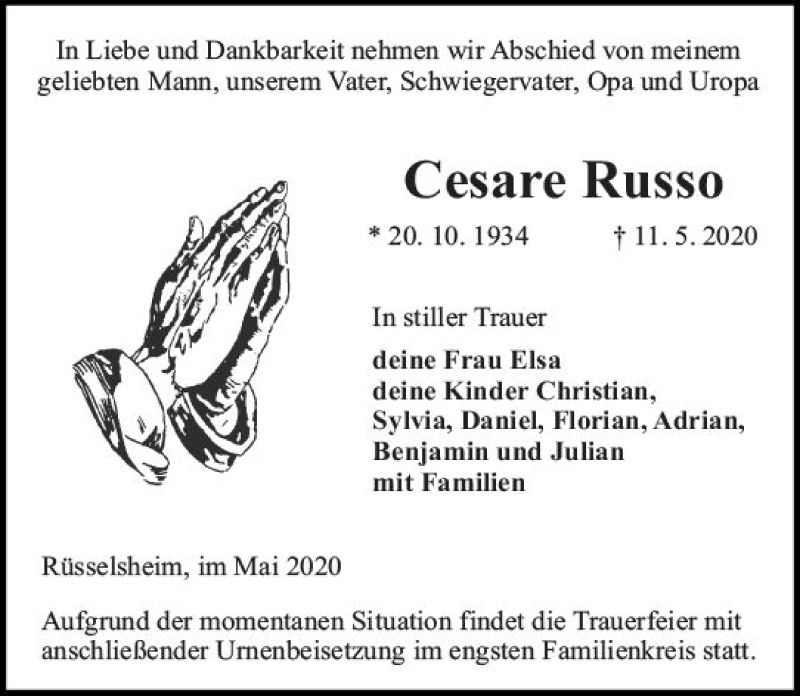  Traueranzeige für Cesare Russo vom 23.05.2020 aus vrm-trauer