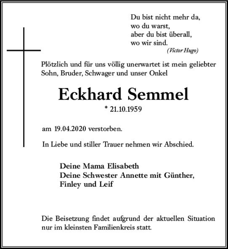  Traueranzeige für Eckhard Semmel vom 02.05.2020 aus vrm-trauer