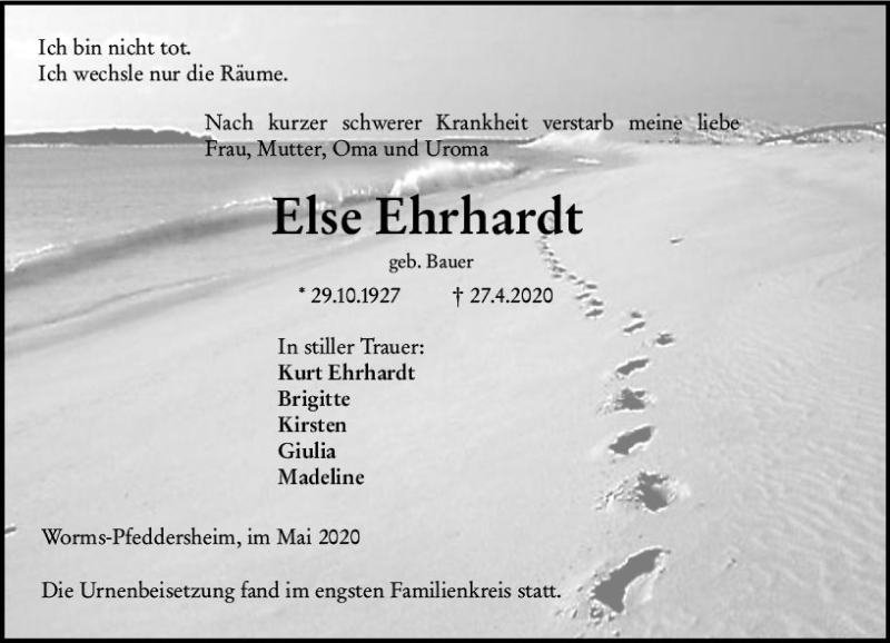  Traueranzeige für Else Ehrhardt vom 19.05.2020 aus vrm-trauer