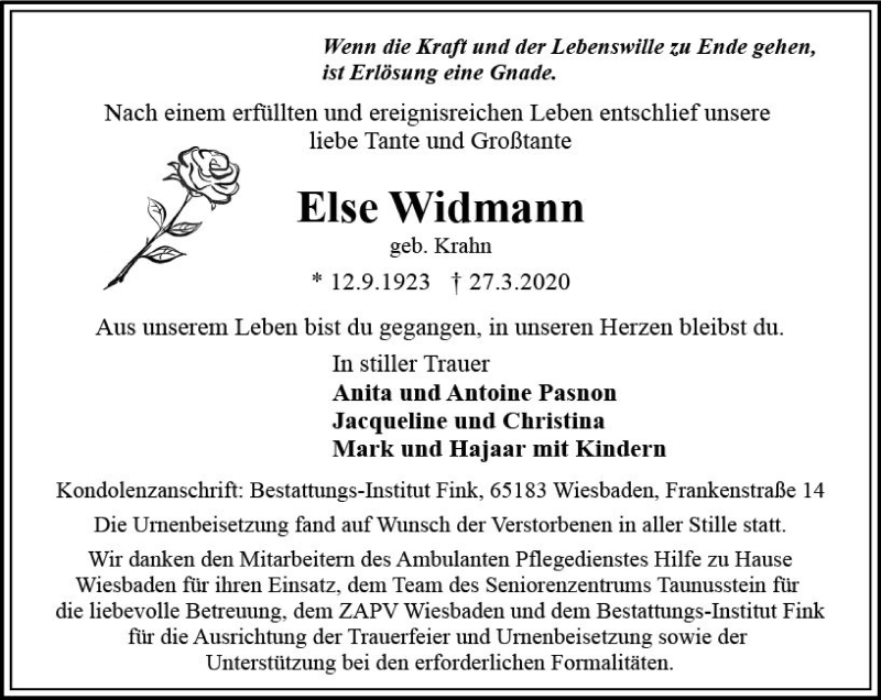  Traueranzeige für Else Widmann vom 09.05.2020 aus vrm-trauer