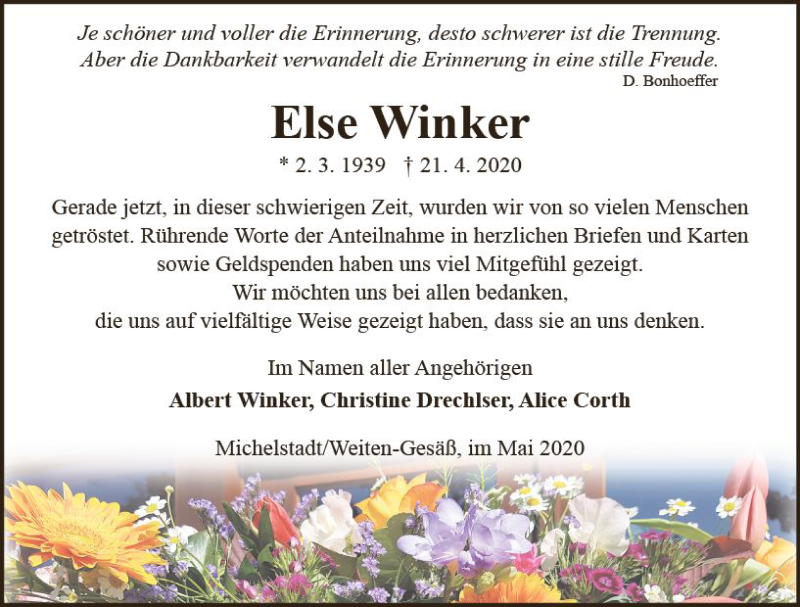  Traueranzeige für Else Winker vom 23.05.2020 aus vrm-trauer